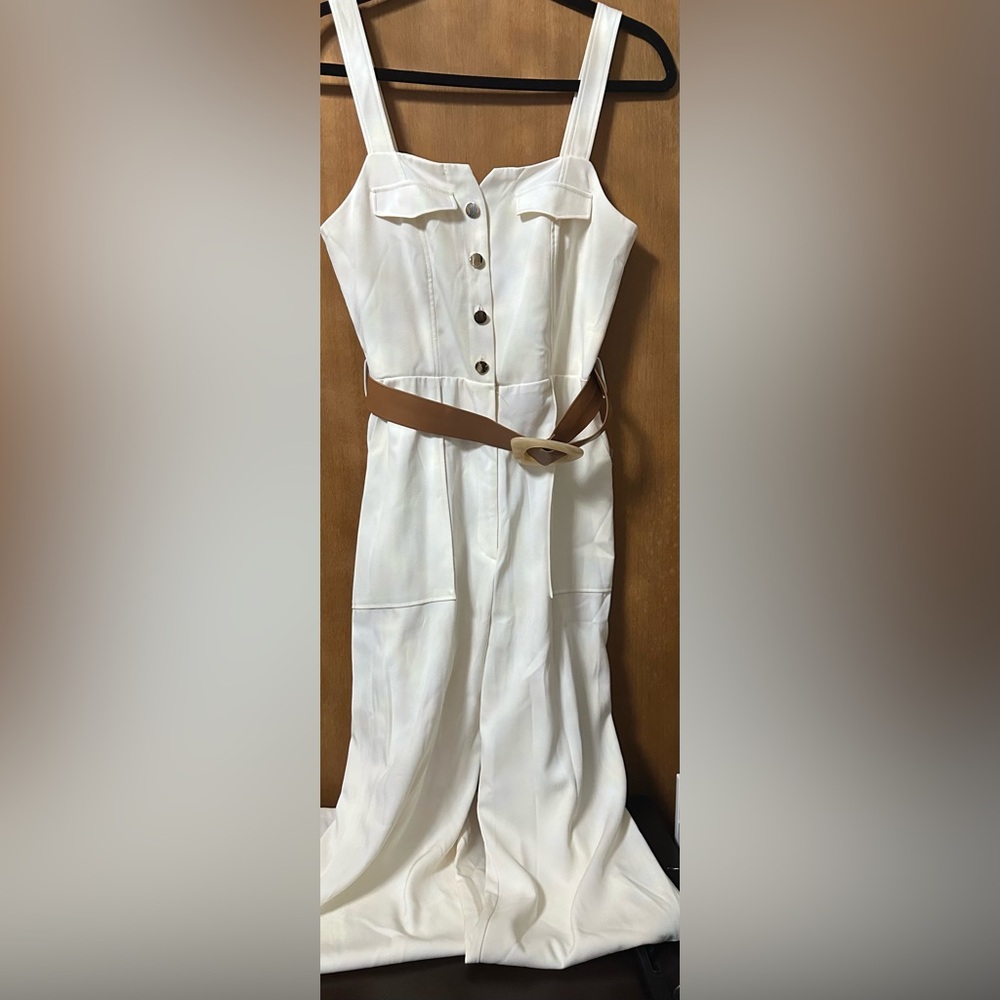 Zara White Jumpsuit with Brown Belt
